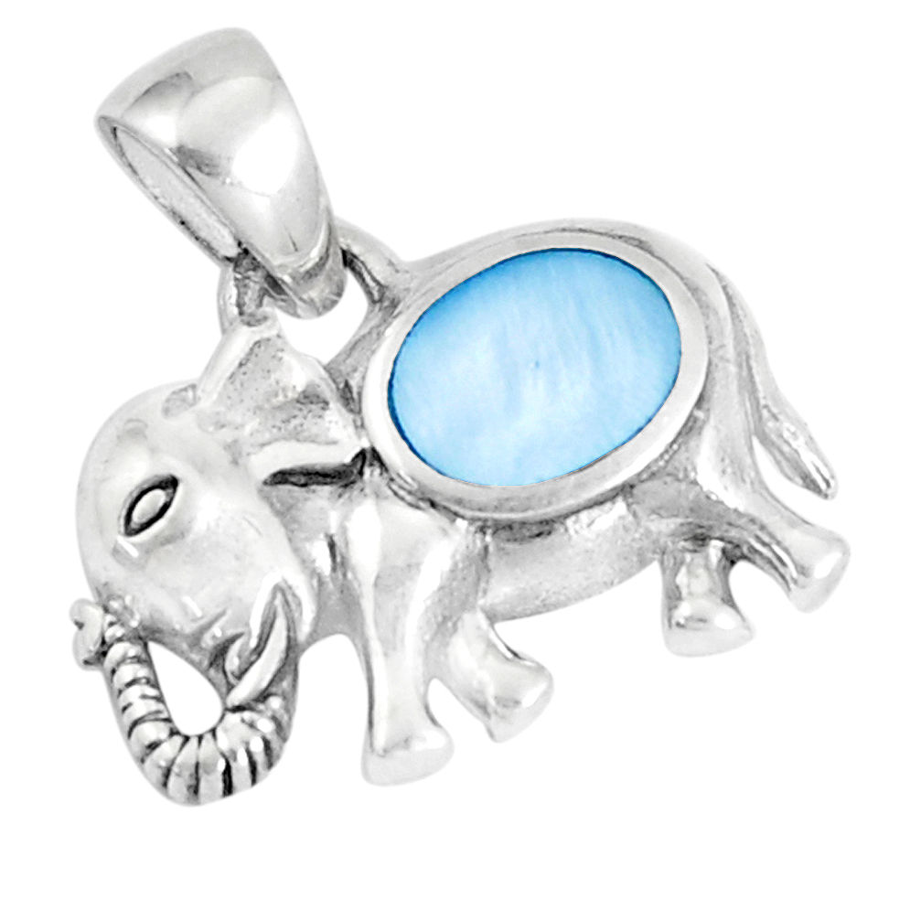 3.89gms blue pearl enamel 925 sterling silver elephant pendant a93297 c14533