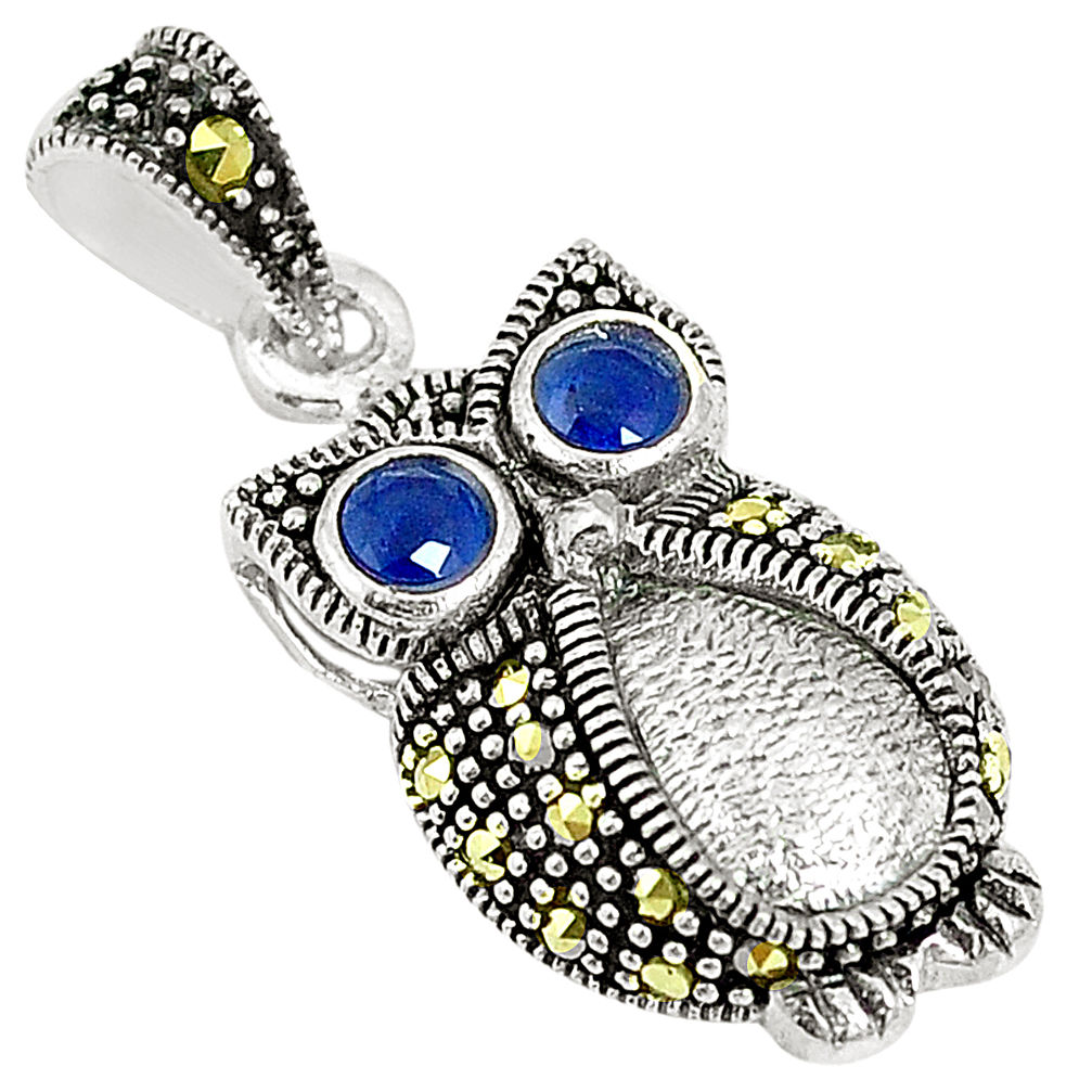 Blue sapphire quartz marcasite 925 sterling silver owl pendant c17123