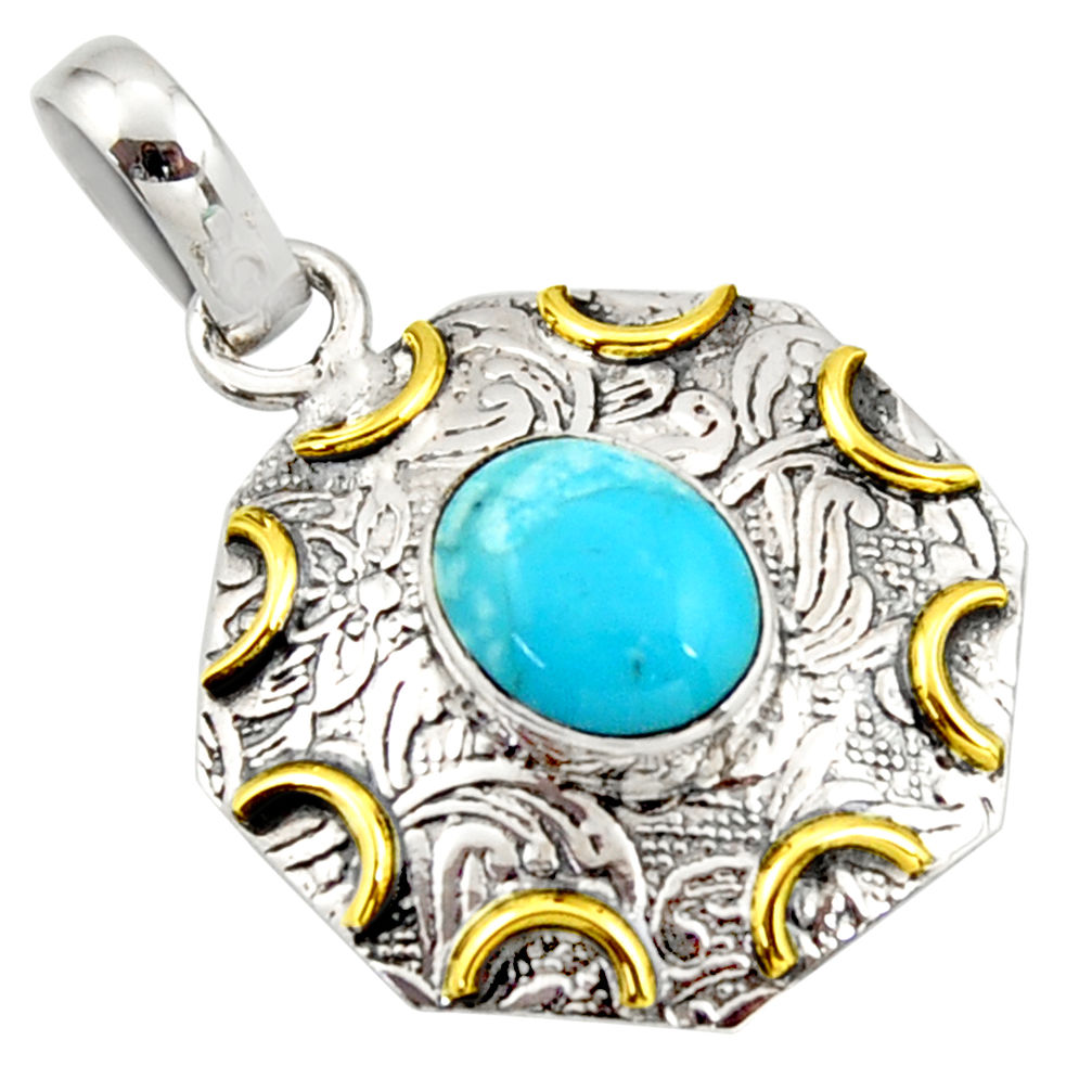 4.13cts blue sleeping beauty turquoise 925 silver 14k gold pendant r37106