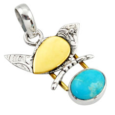 3.59cts blue sleeping beauty turquoise 925 silver 14k gold pendant r37123