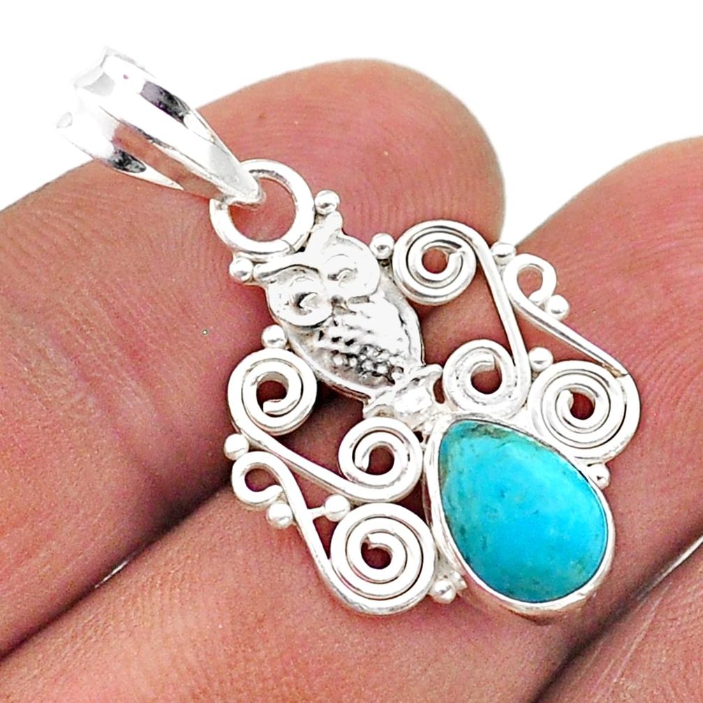 1.96cts blue sleeping beauty turquoise 925 sterling silver owl pendant t64947