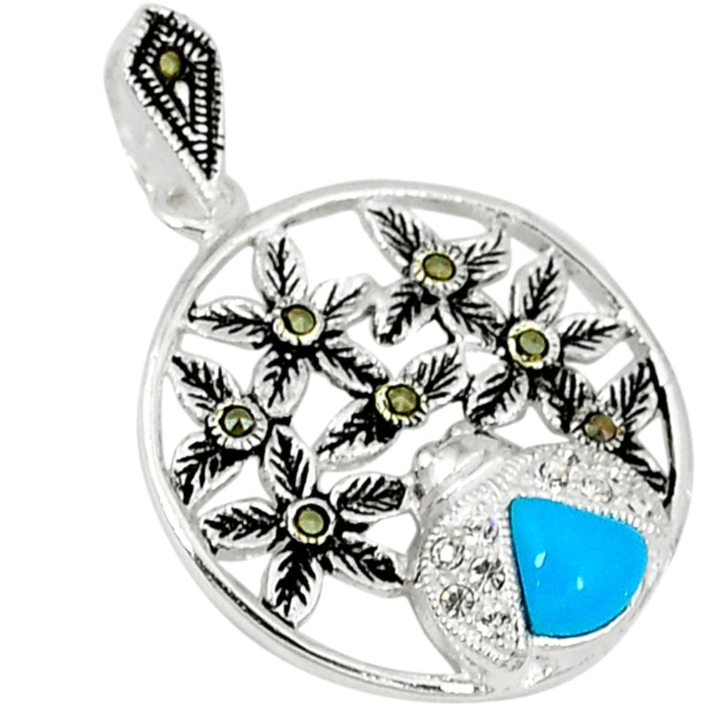 Blue sleeping beauty turquoise marcasite 925 silver pendant jewelry c21964