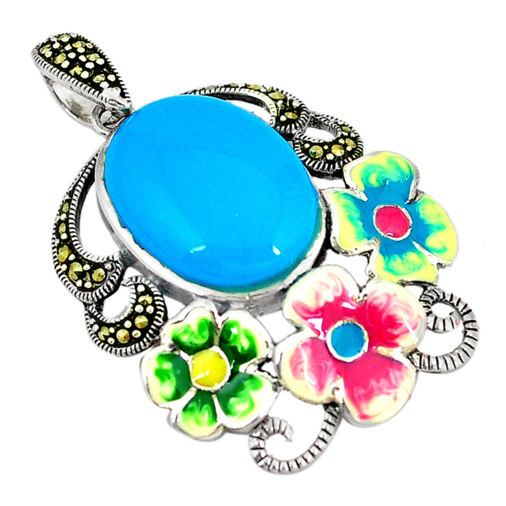 Blue sleeping beauty turquoise marcasite enamel 925 silver pendant c21474