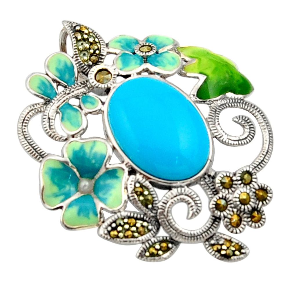 6.32cts blue sleeping beauty turquoise marcasite enamel 925 silver pendant c9922