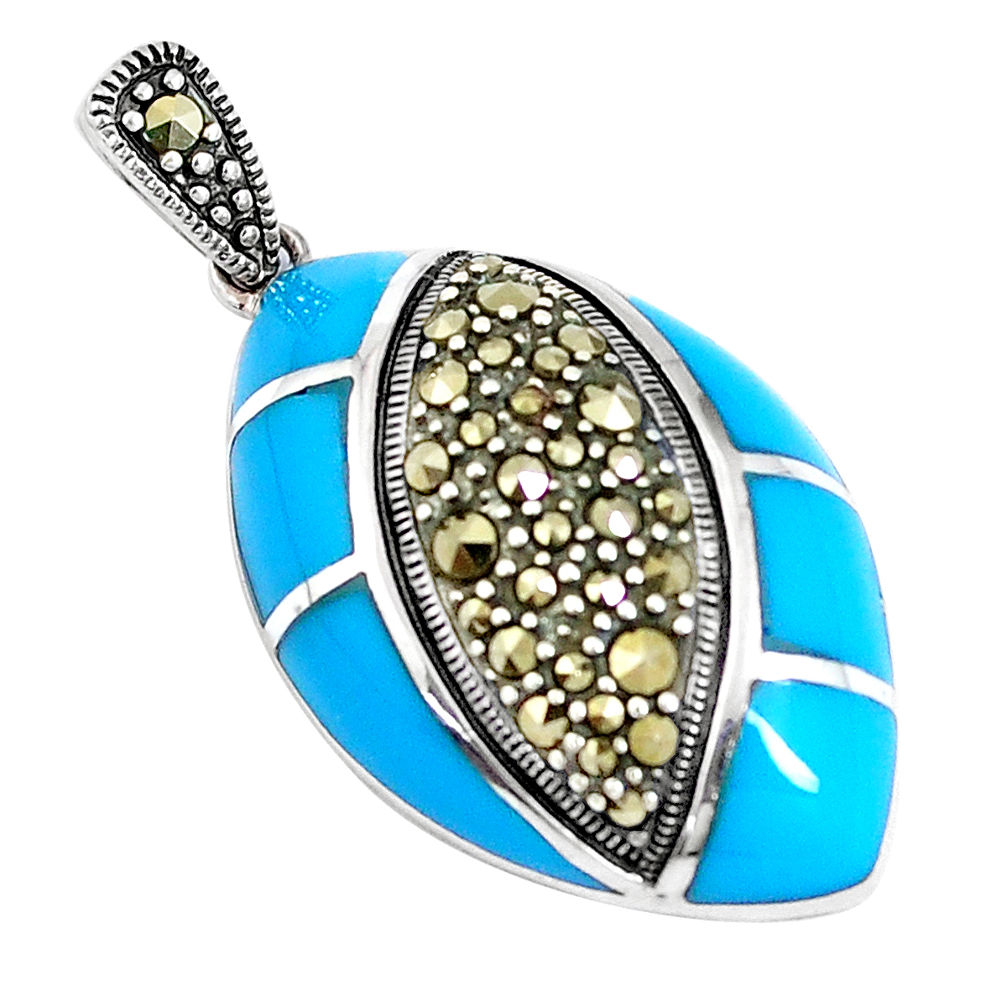 8.22cts blue sleeping beauty turquoise marcasite 925 silver pendant c16746