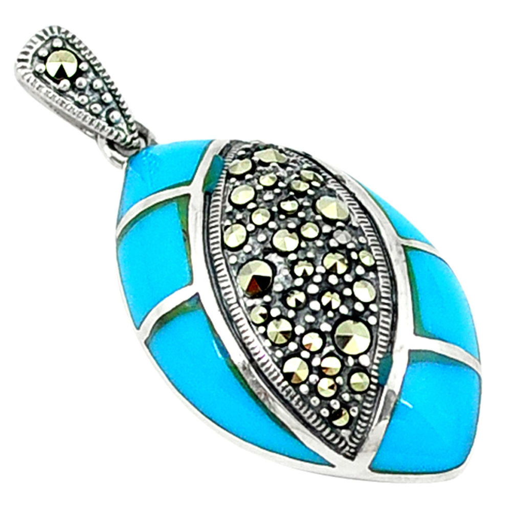 Blue sleeping beauty turquoise marcasite 925 silver pendant jewelry c18960