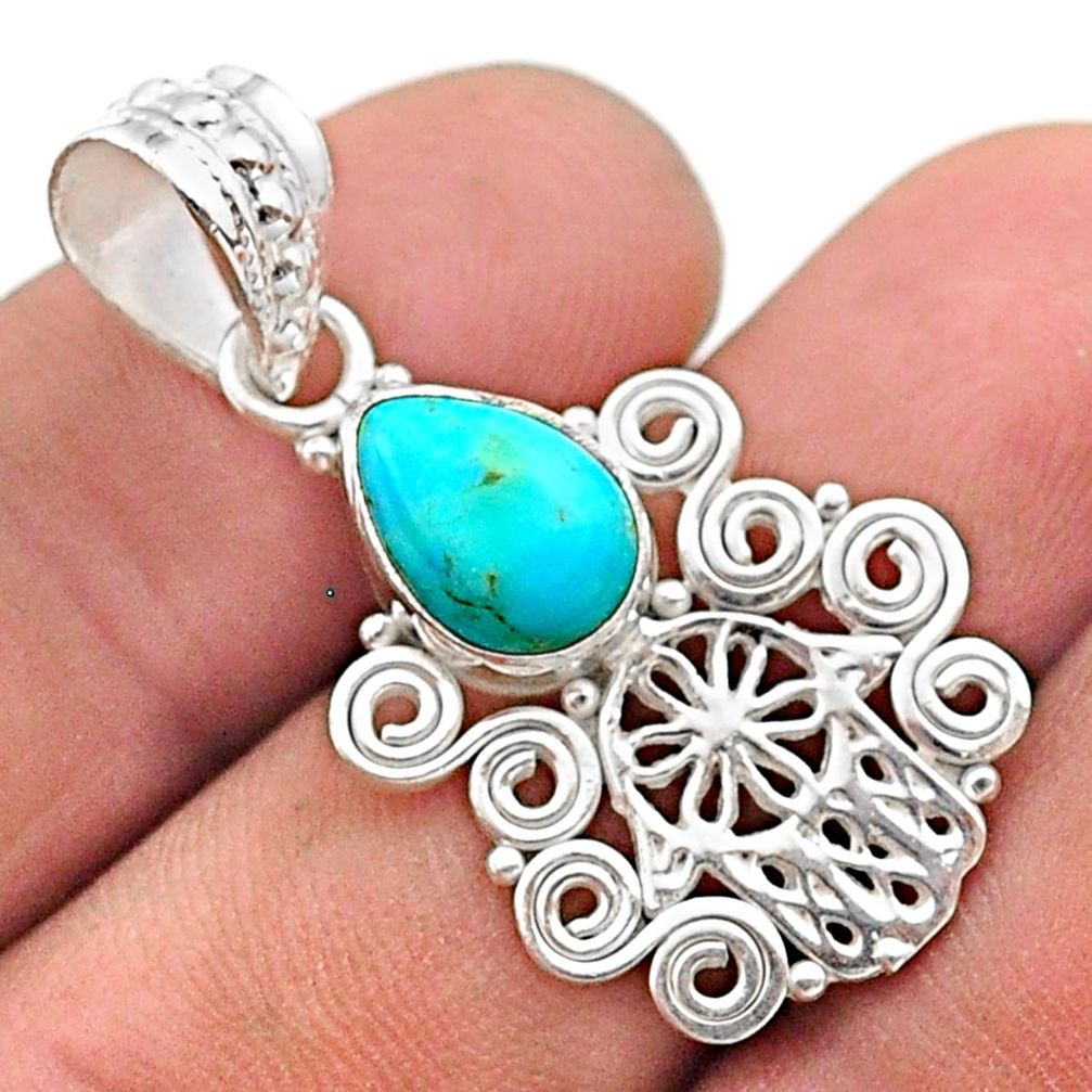 2.41cts blue sleeping beauty turquoise silver hand of god hamsa pendant t63817