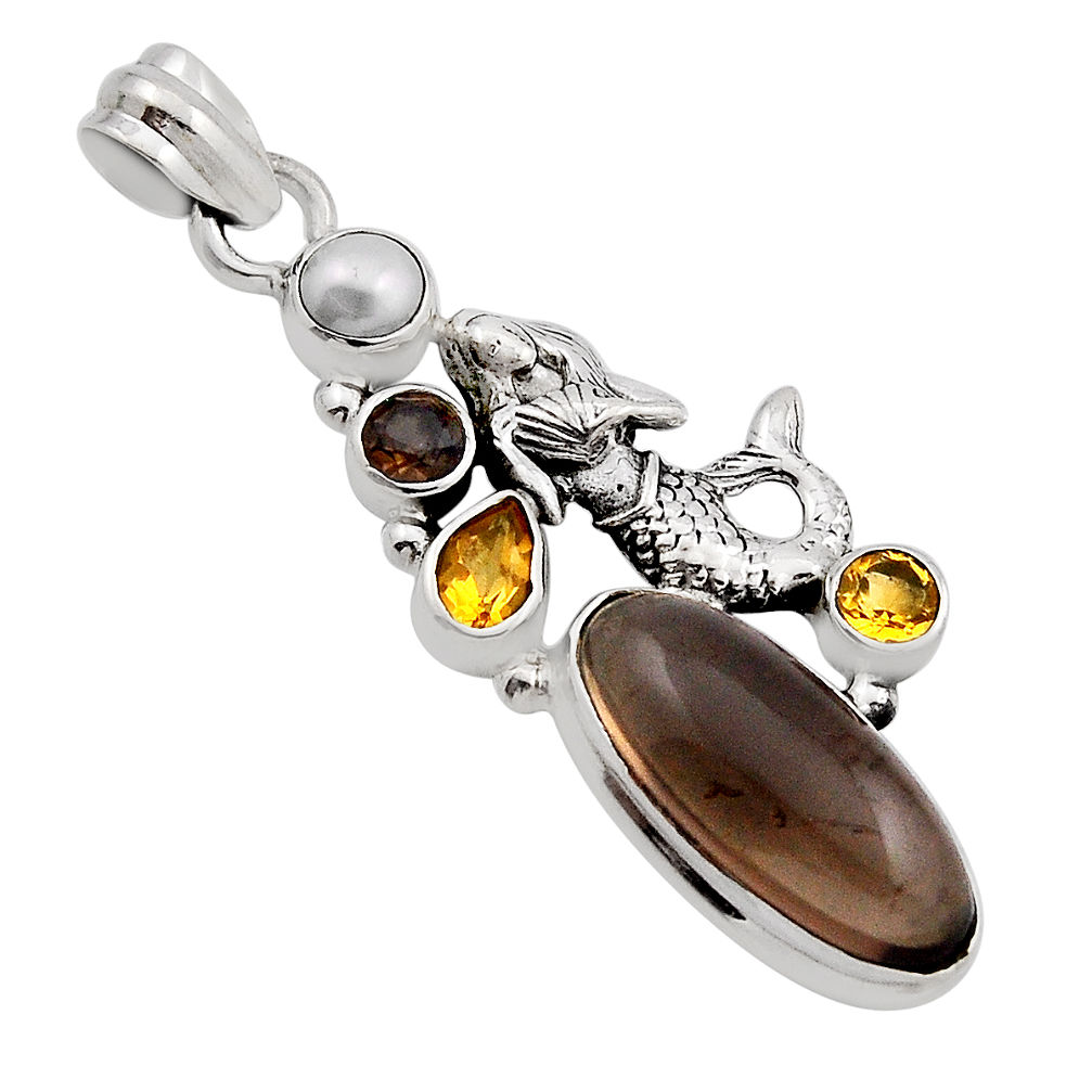 11.83cts blue smoky topaz citrine pearl 925 silver fairy mermaid pendant n13598