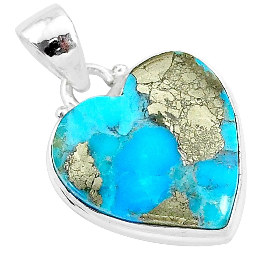 11.38cts blue turquoise pyrite 925 sterling silver heart pendant r95284