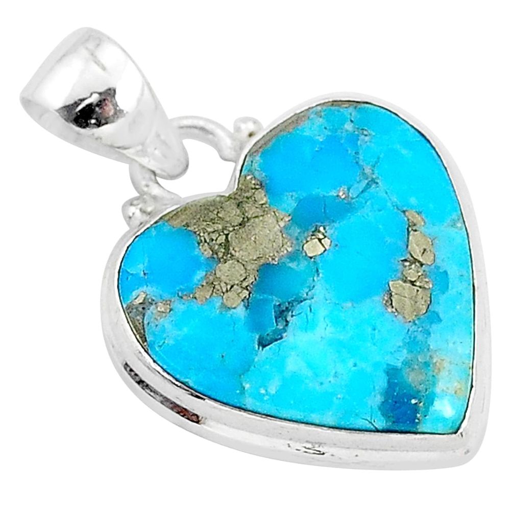 11.97cts blue turquoise pyrite 925 sterling silver heart pendant r95287