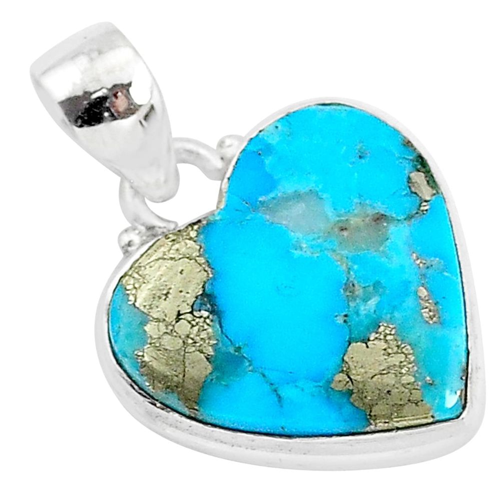 11.45cts blue turquoise pyrite 925 sterling silver heart pendant r95288