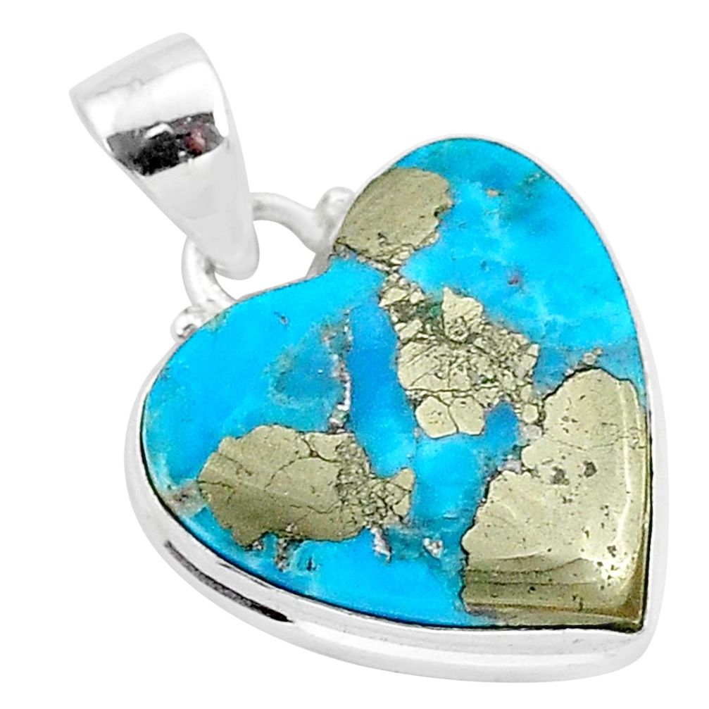 12.70cts blue turquoise pyrite 925 sterling silver heart pendant r95289