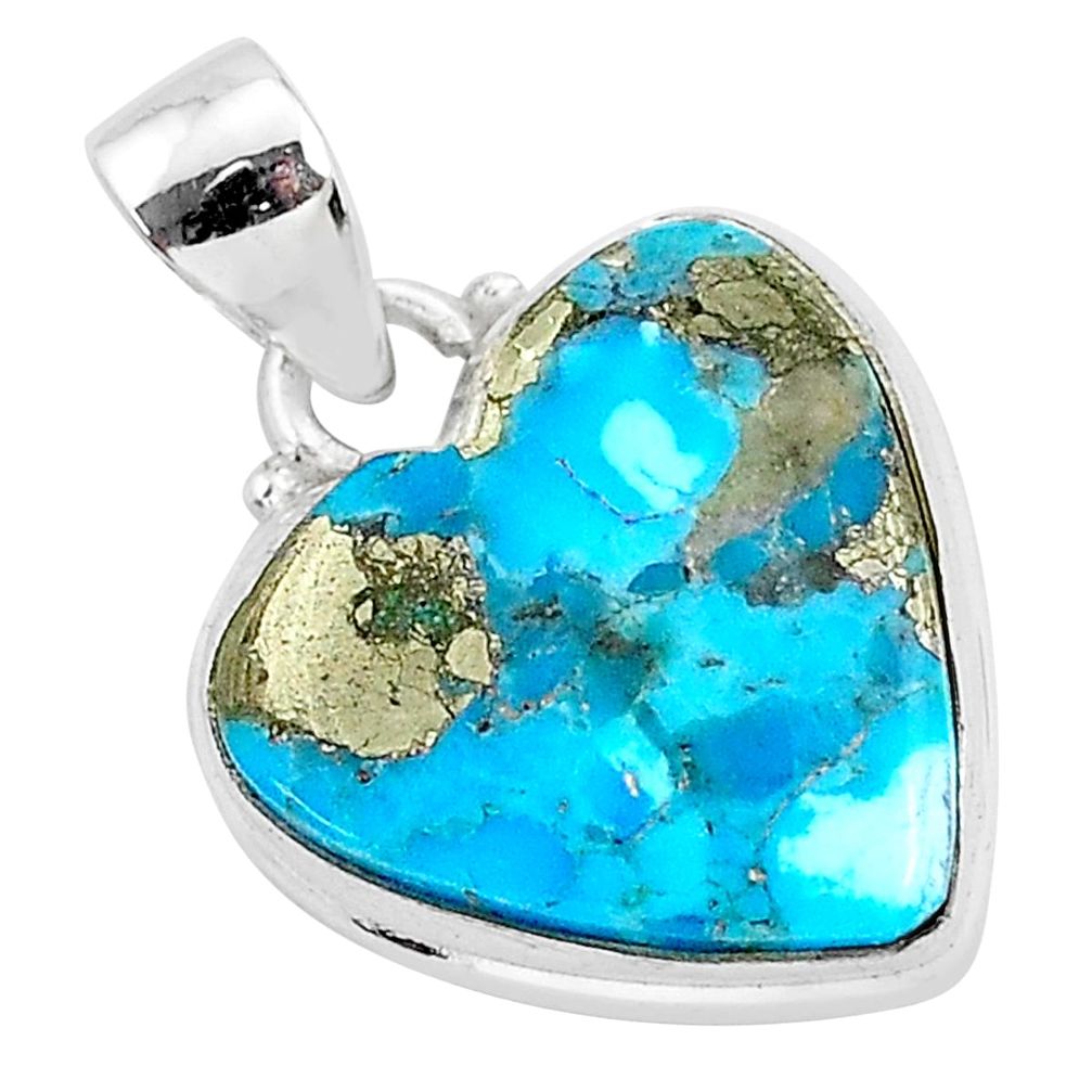 11.35cts blue turquoise pyrite 925 sterling silver heart pendant r95293