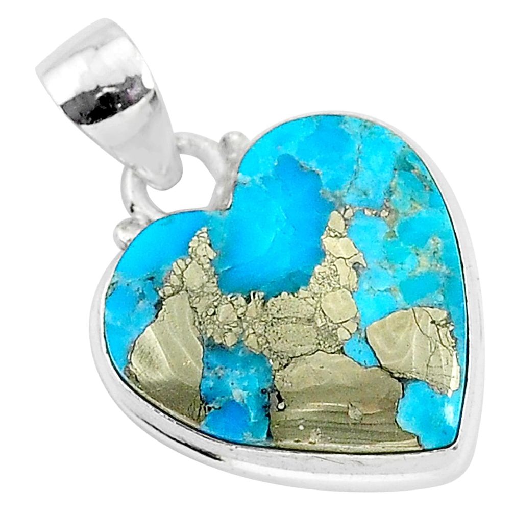 12.40cts blue turquoise pyrite 925 sterling silver heart pendant r95296
