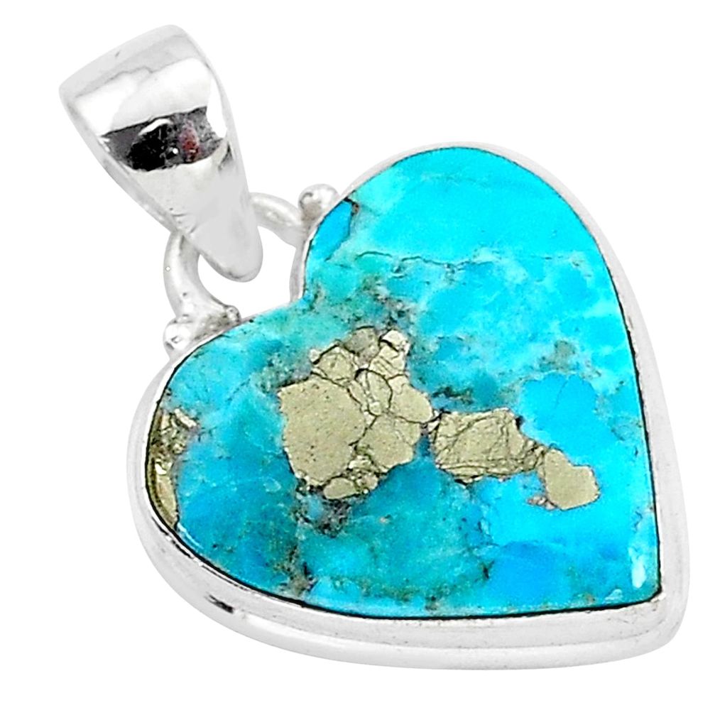 11.27cts blue turquoise pyrite 925 sterling silver heart pendant r95299