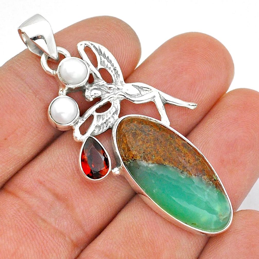 18.18cts boulder chrysoprase pearl 925 silver angel wings fairy pendant u86794
