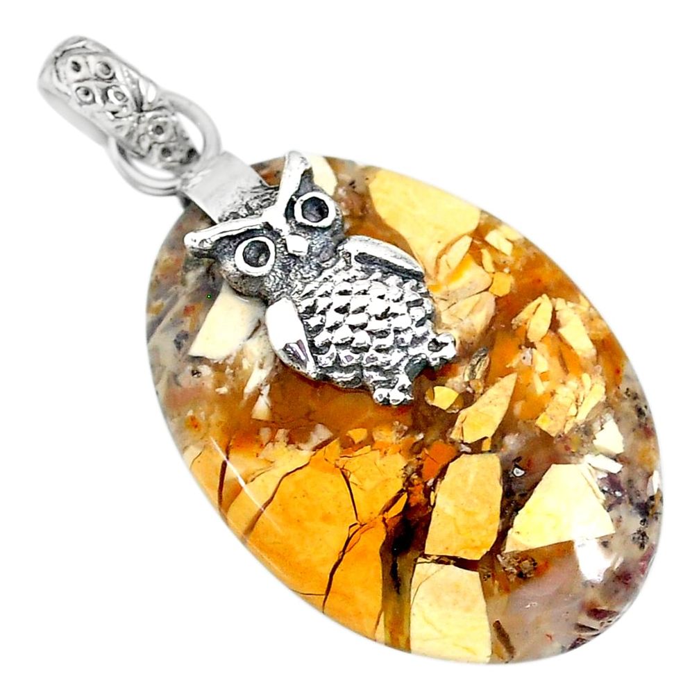 19.87cts brecciated mookaite (australian jasper) 925 silver owl pendant r91233