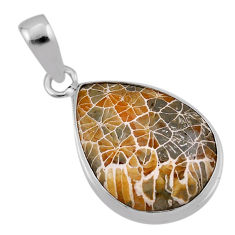 13.15cts brown fossil coral (agatized) petoskey stone 925 silver pendant n38148