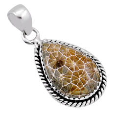 11.20cts brown fossil coral (agatized) petoskey stone 925 silver pendant n43938