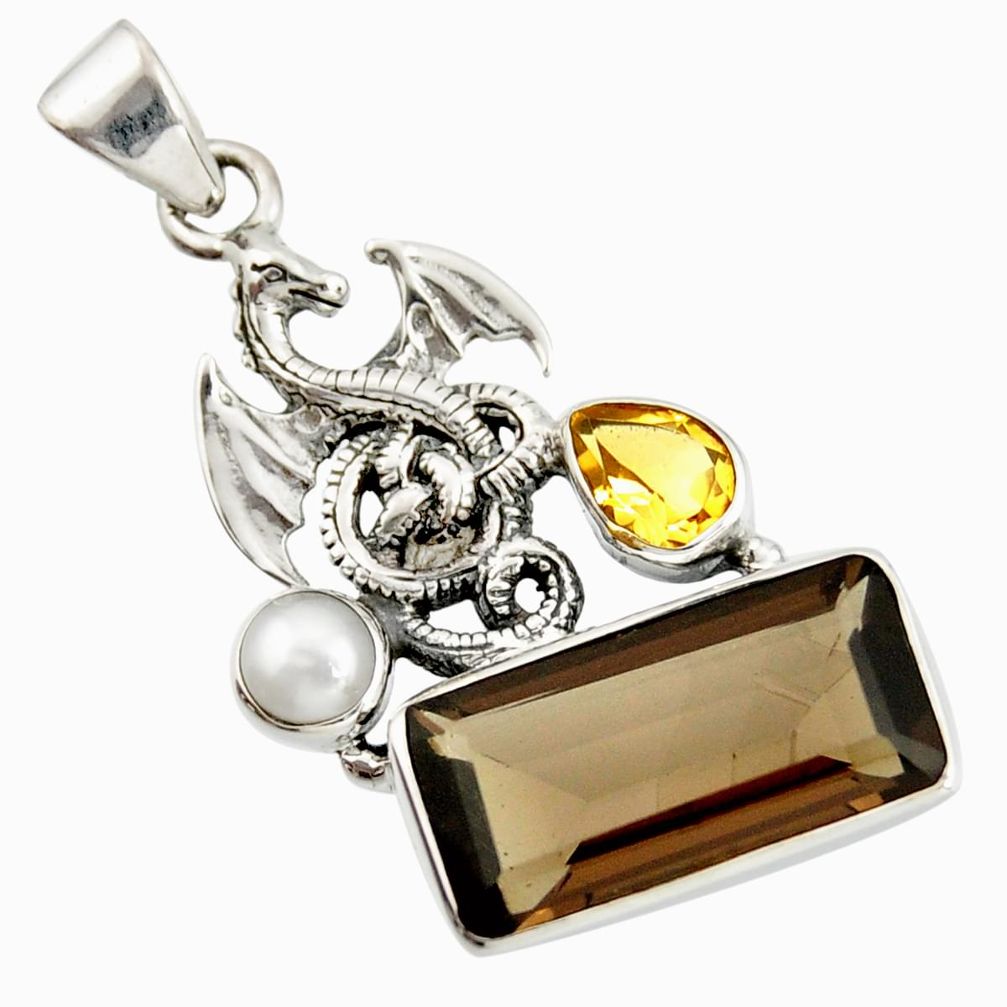 9.72cts brown smoky topaz citrine pearl 925 silver dragon pendant r20502