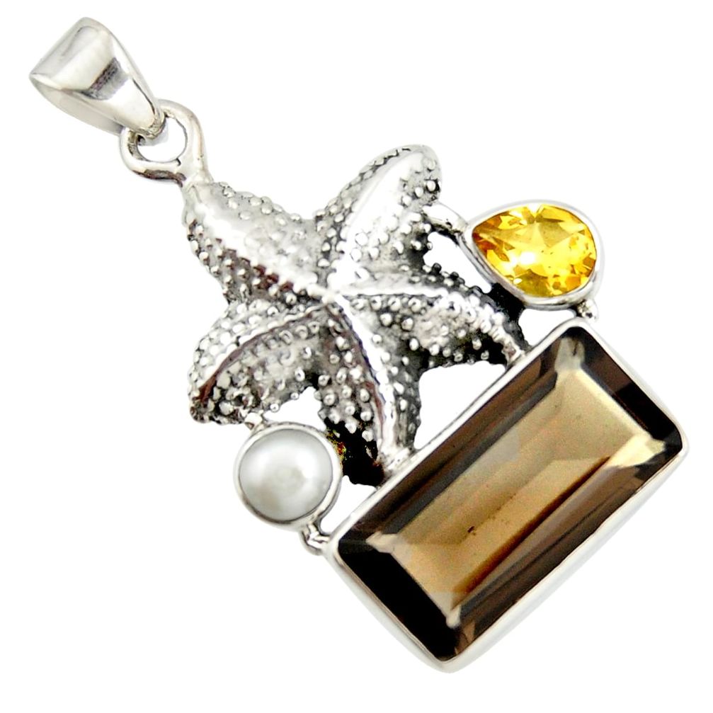 10.89cts brown smoky topaz citrine pearl 925 silver star fish pendant r20501