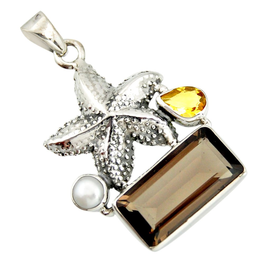 10.89cts brown smoky topaz citrine pearl 925 silver star fish pendant r20503