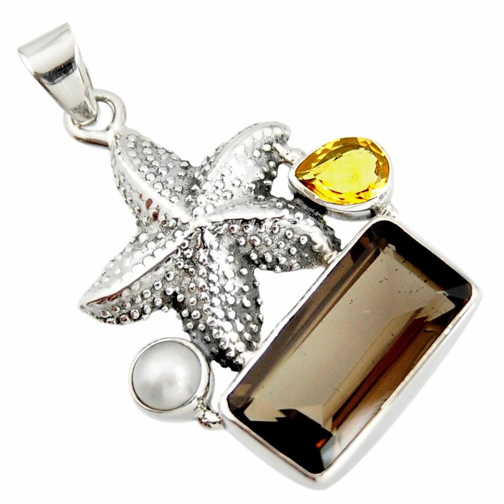 11.22cts brown smoky topaz citrine pearl 925 silver star fish pendant r20505