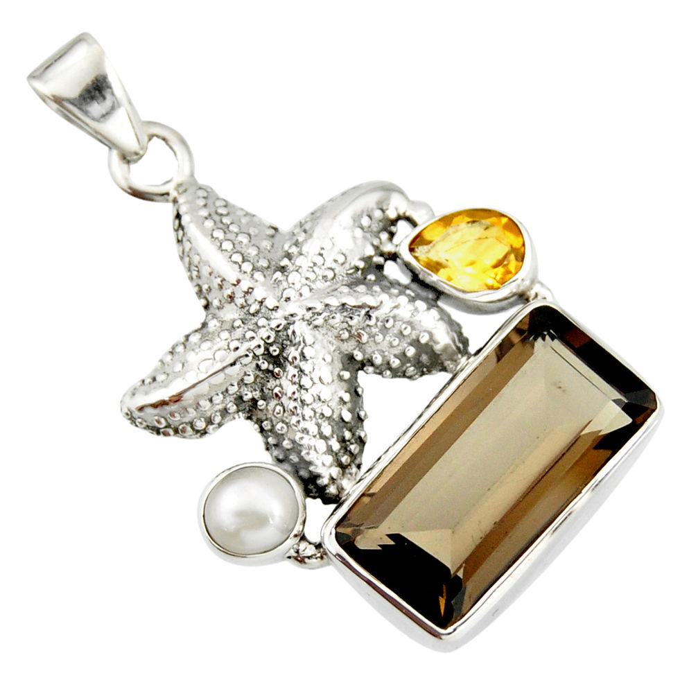 11.54cts brown smoky topaz citrine pearl 925 silver star fish pendant r20512