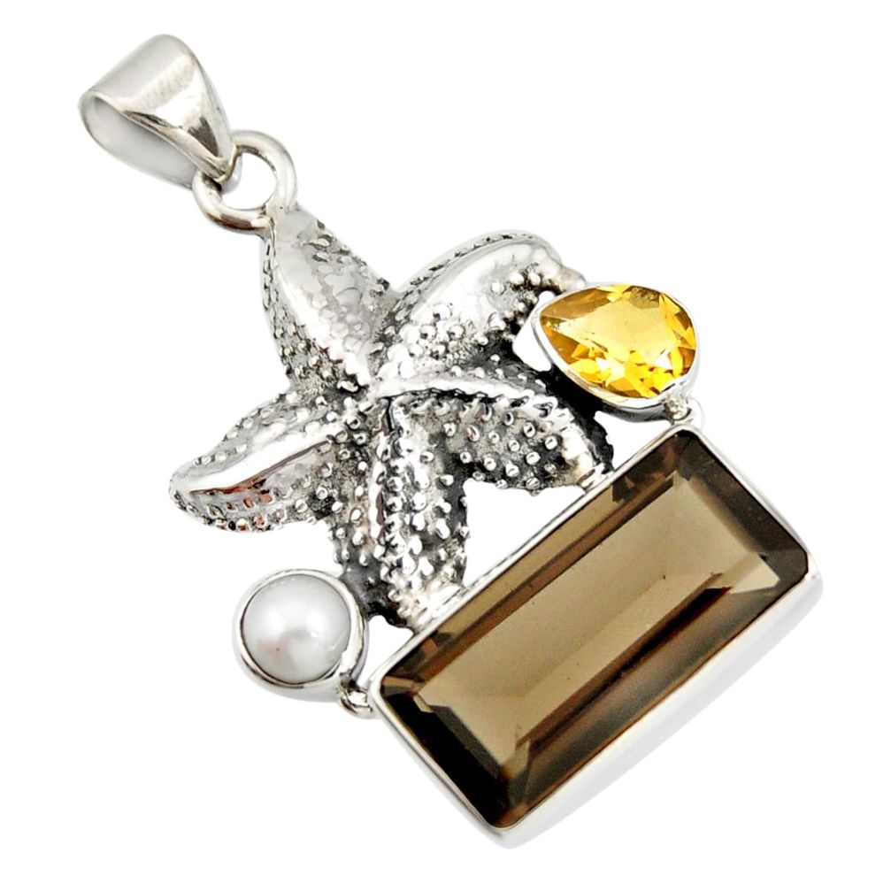 10.85cts brown smoky topaz citrine pearl 925 silver star fish pendant r20516