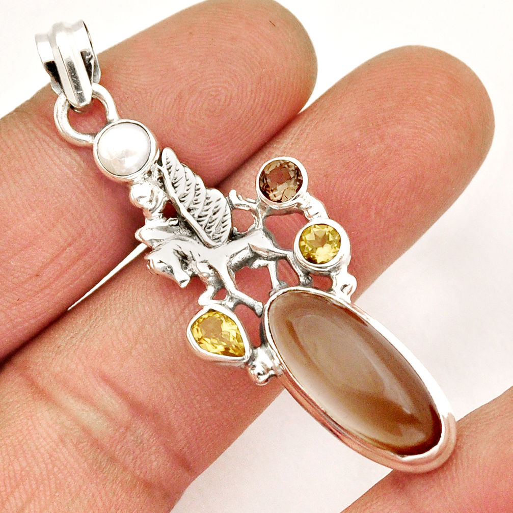 11.62cts brown smoky topaz citrine pearl sterling silver unicorn pendant y2684