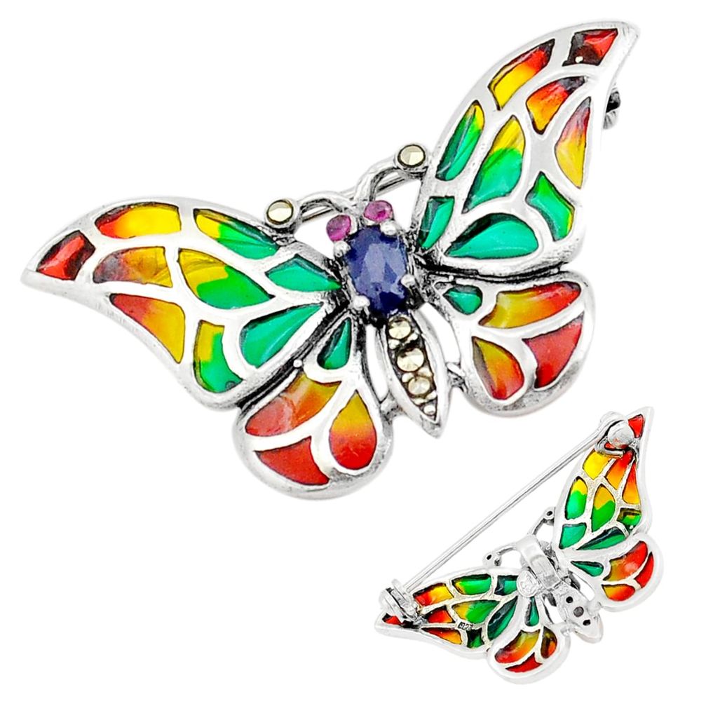 0.64cts butterfly natural sapphire ruby enamel 925 silver brooch pendant c29473