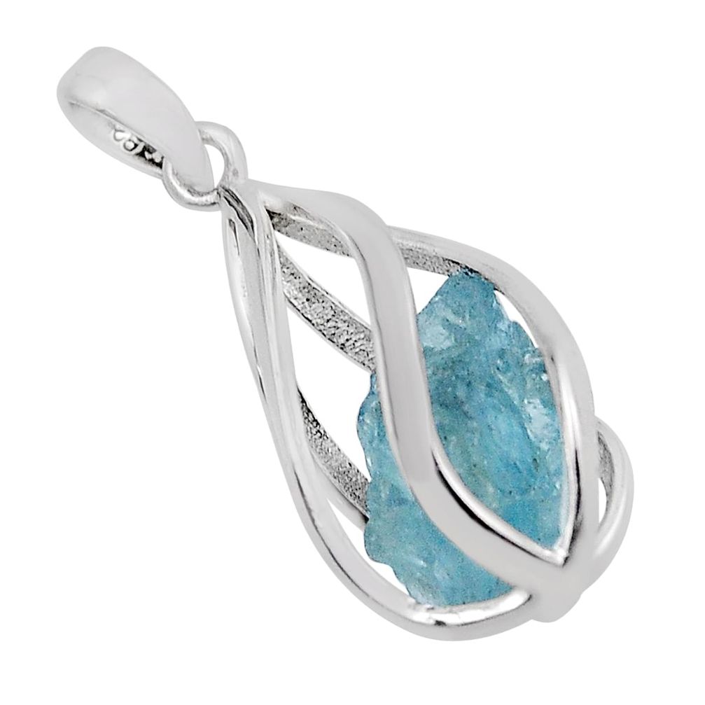 6.67cts cage natural aqua aquamarine rough 925 sterling silver pendant n3771