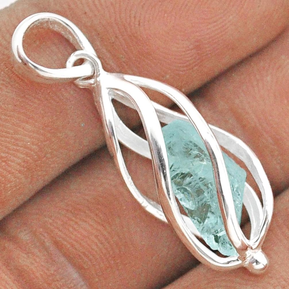 5.24cts cage natural aqua aquamarine rough 925 sterling silver cage pendant t89943