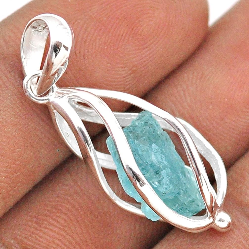 5.52cts cage natural aqua aquamarine rough 925 sterling silver cage pendant t89959