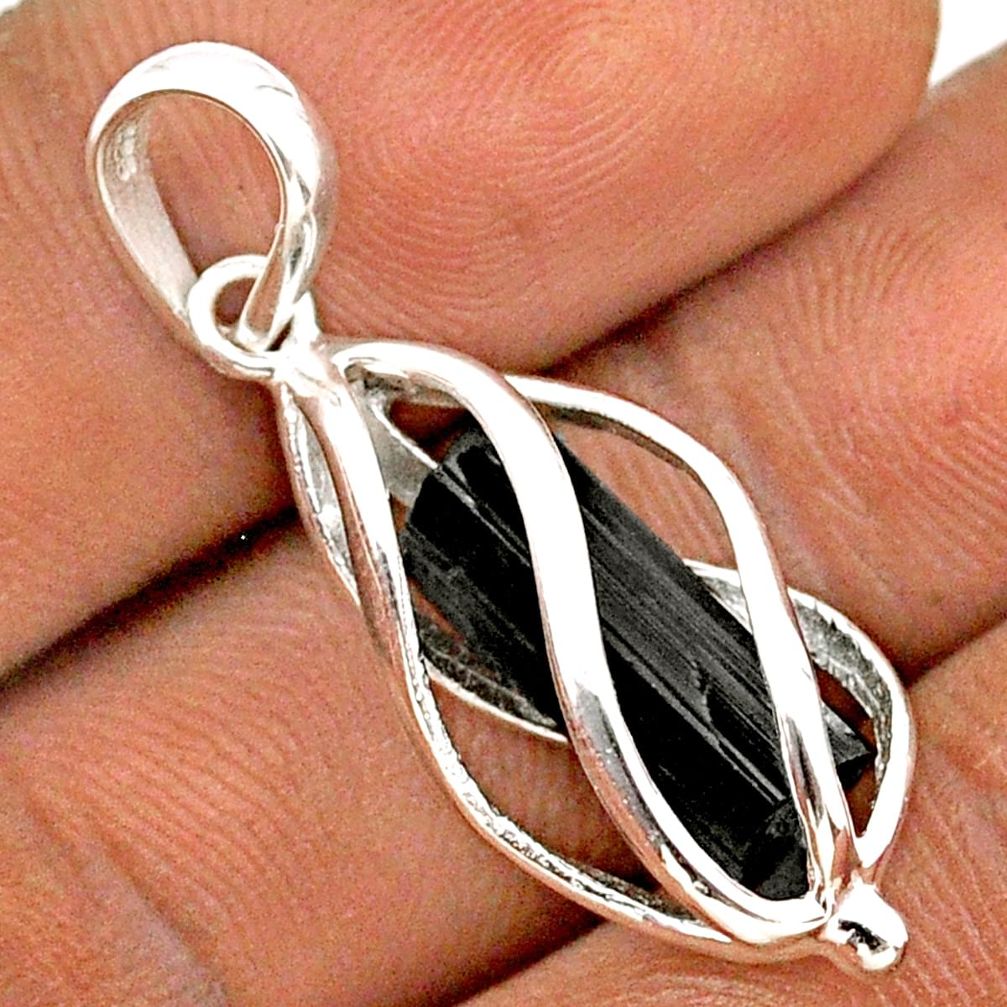 5.76cts cage natural black tourmaline rough 925 sterling silver cage pendant t89782