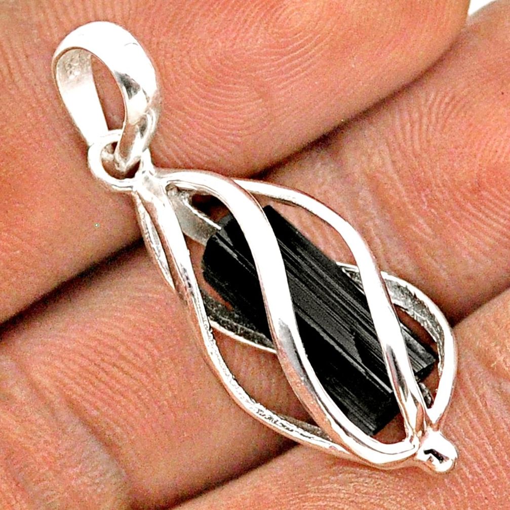 5.84cts cage natural black tourmaline rough 925 sterling silver cage pendant t89783