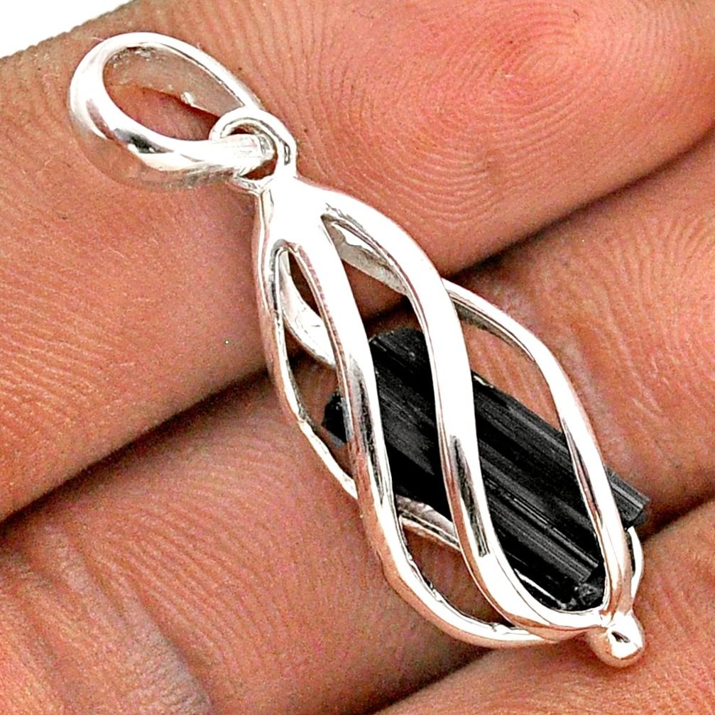 5.31cts cage natural black tourmaline rough 925 sterling silver cage pendant t89785