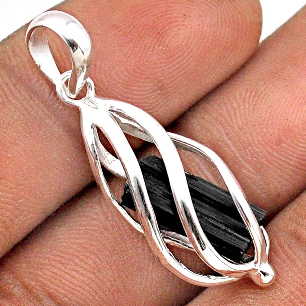 5.84cts cage natural black tourmaline rough 925 sterling silver cage pendant t89787