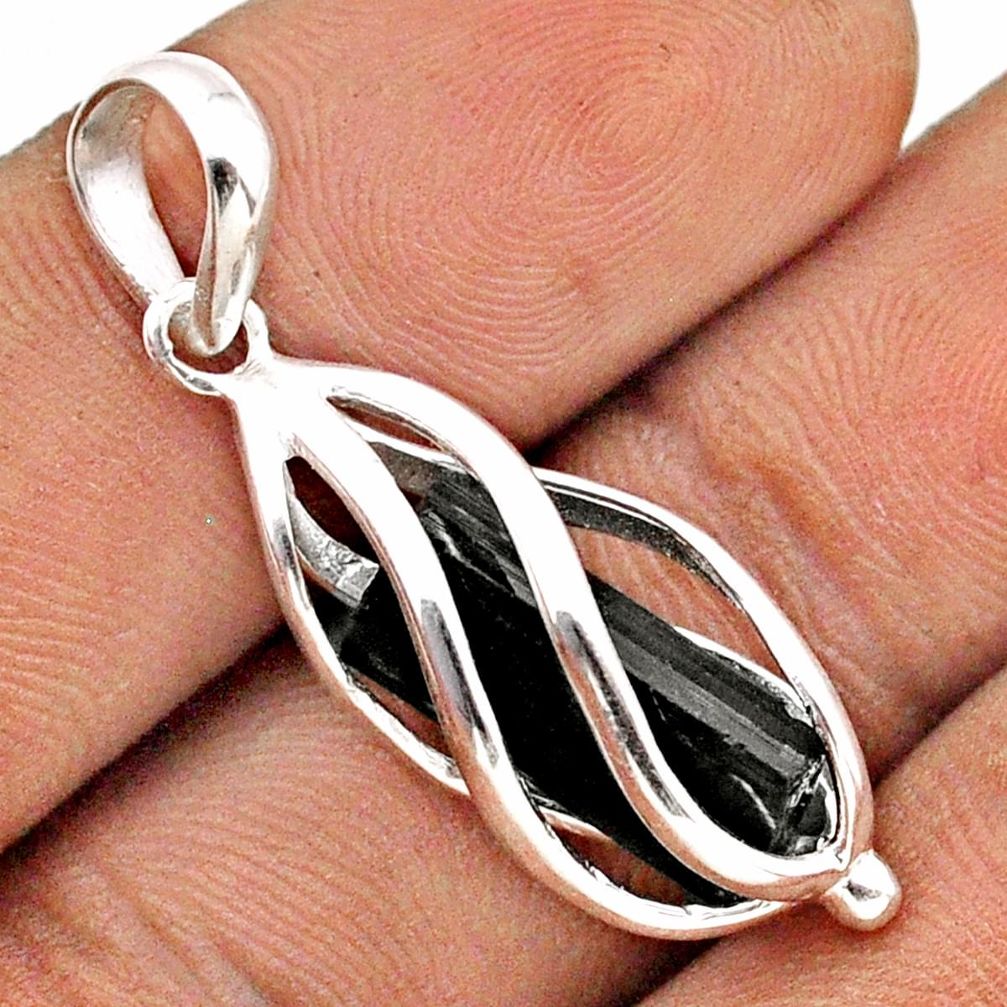 5.67cts cage natural black tourmaline rough 925 sterling silver cage pendant t89792
