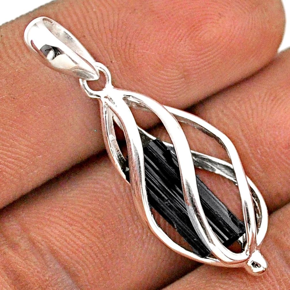 5.43cts cage natural black tourmaline rough 925 sterling silver cage pendant t89794