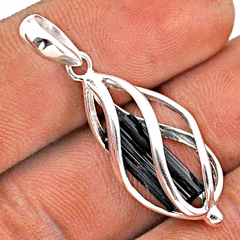 5.80cts cage natural black tourmaline rough 925 sterling silver cage pendant t89795