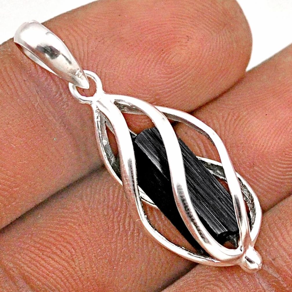 6.13cts cage natural black tourmaline rough 925 sterling silver cage pendant t89797