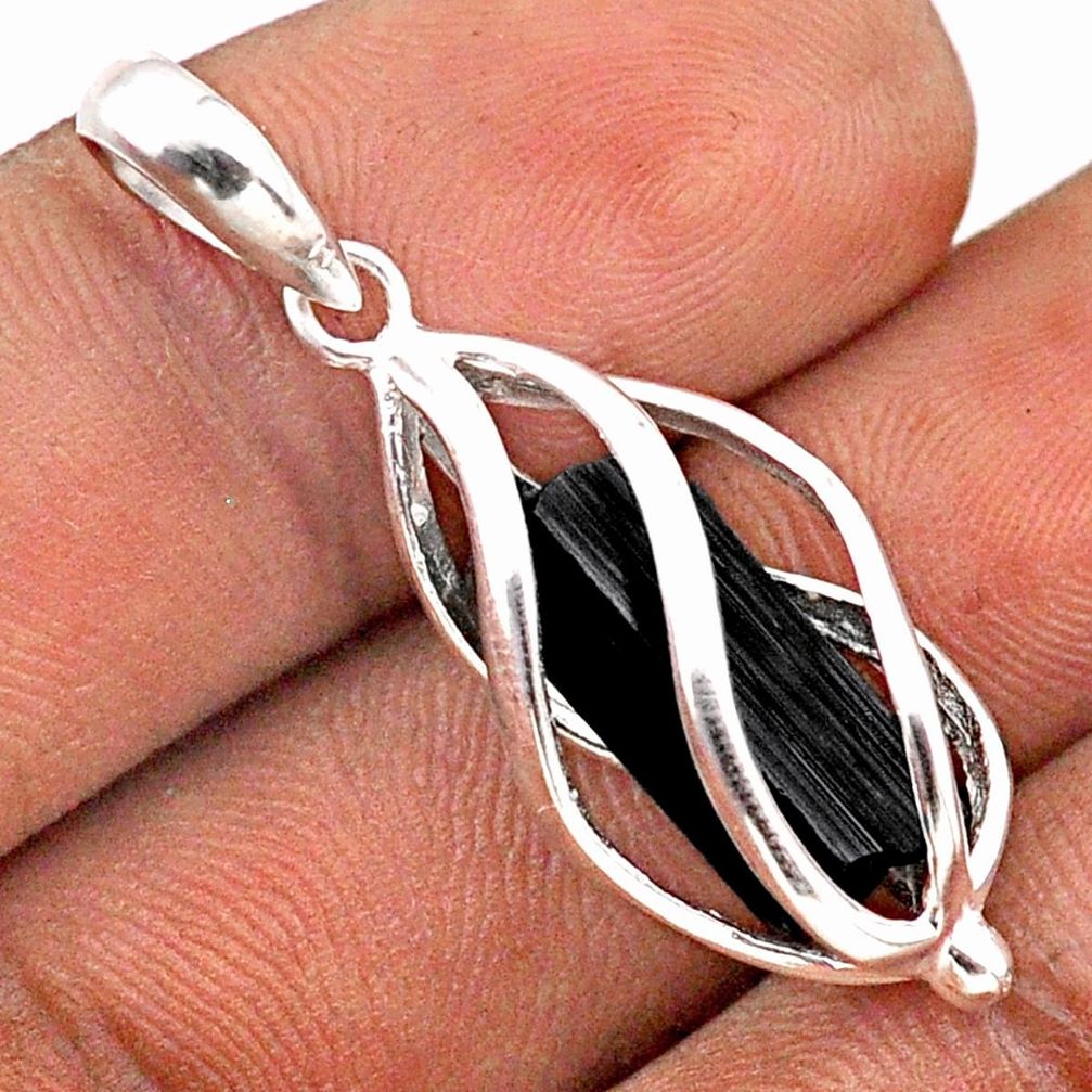 5.46cts cage natural black tourmaline rough 925 sterling silver cage pendant t89798