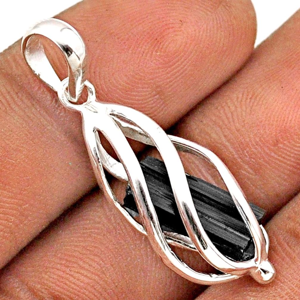 5.54cts cage natural black tourmaline rough fancy 925 silver cage pendant t89786