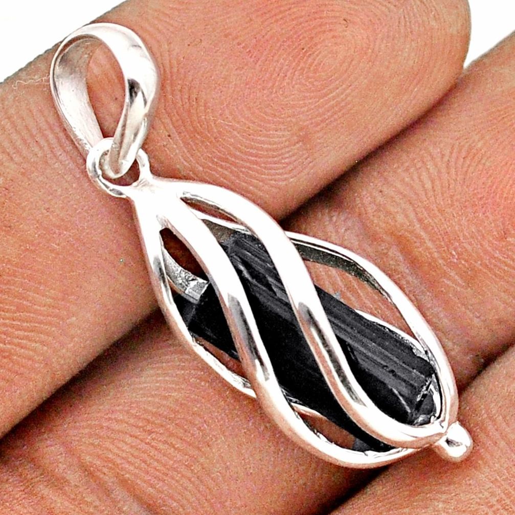 5.43cts cage natural black tourmaline rough fancy 925 silver cage pendant t89791