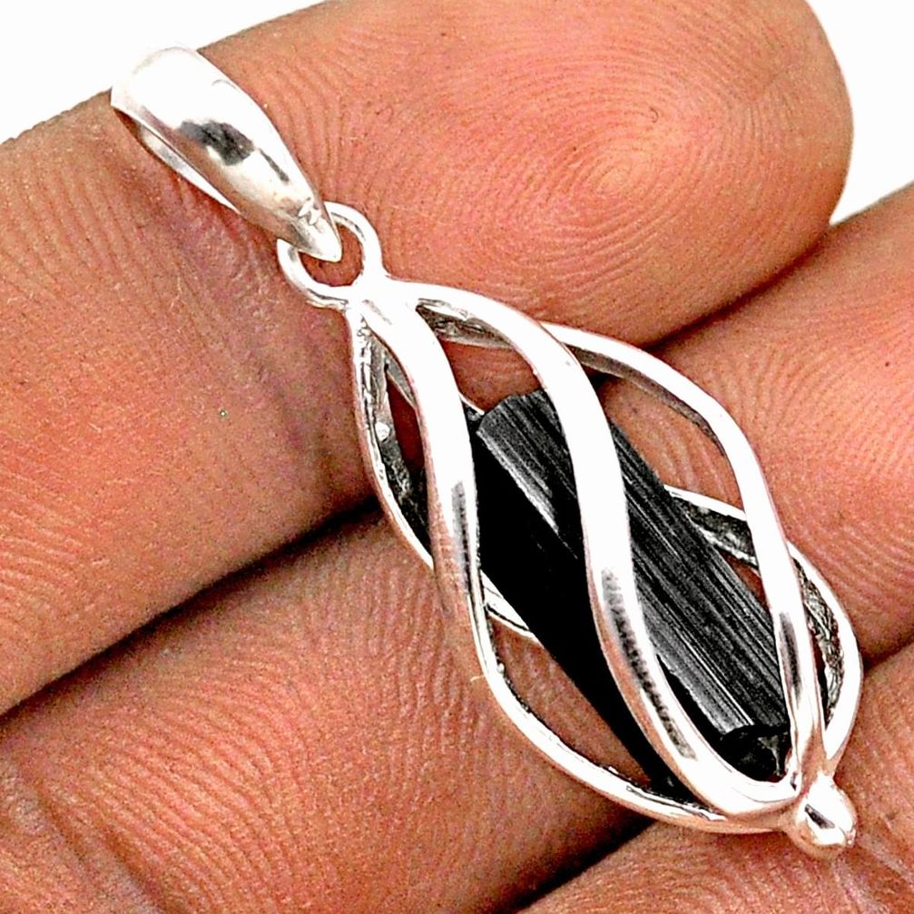 5.76cts cage natural black tourmaline rough fancy 925 silver cage pendant t89799