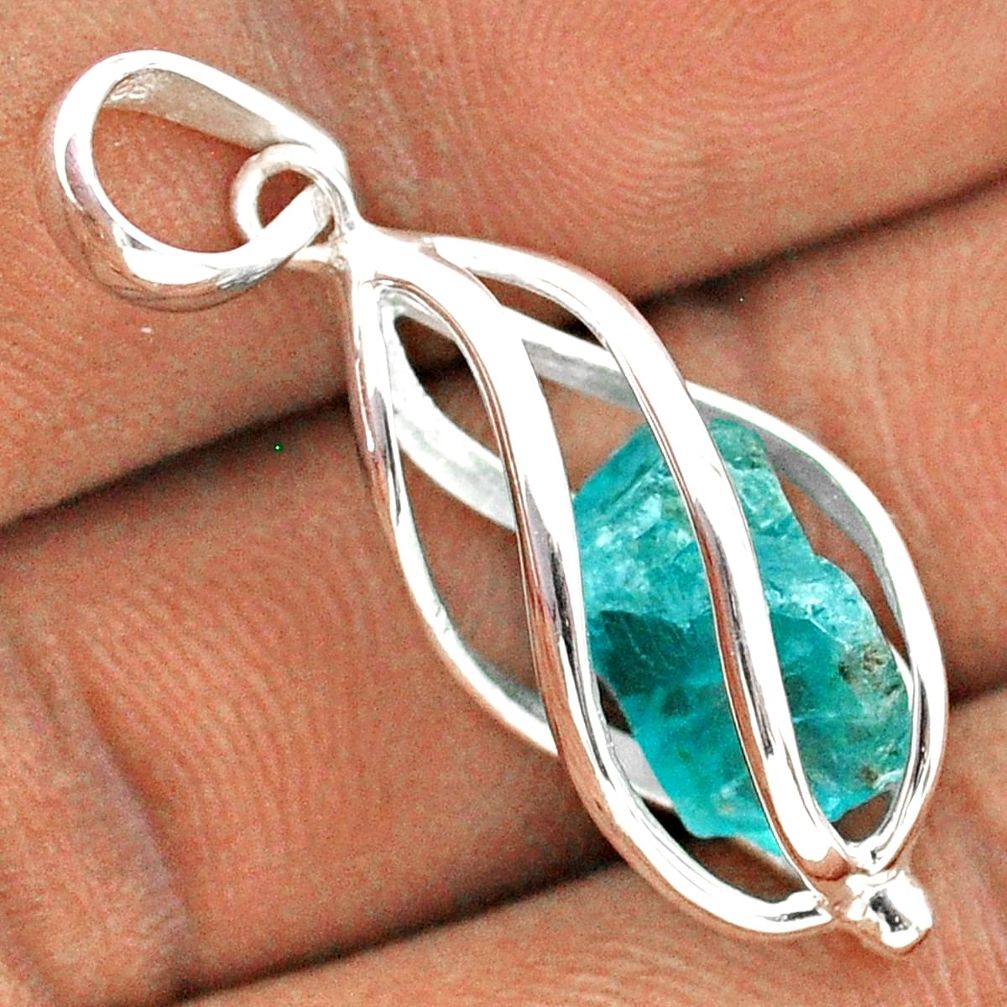 5.47cts cage natural blue apatite rough 925 sterling silver cage pendant t89988