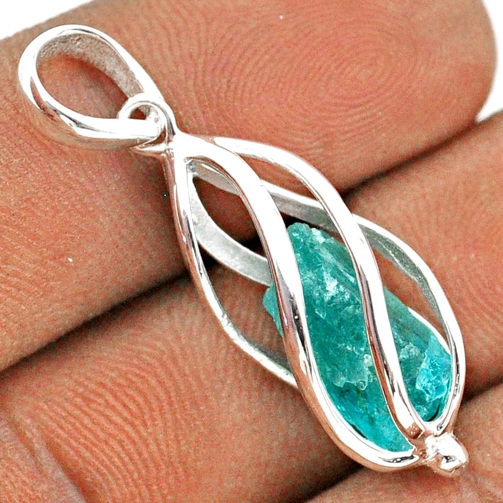 5.52cts cage natural blue apatite rough 925 sterling silver cage pendant t89990