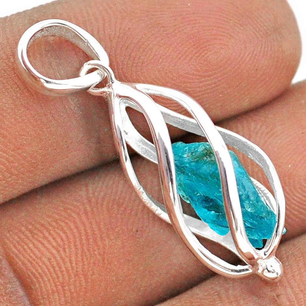 5.43cts cage natural blue apatite rough 925 sterling silver cage pendant t89997