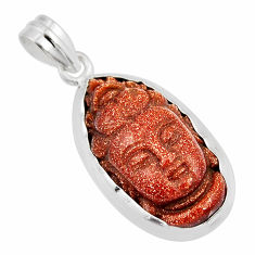 17.66cts carving buddha charm natural brown goldstone 925 silver pendant y49077